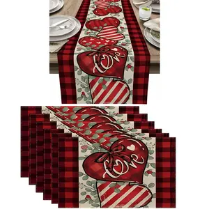 7pcs,Valentine's Day Plaid Heart Rose Table Mats Set, Cushion, Table Runner, Party Home Kitchen Decor, 7 Pieces, Perfect for Dining Tables