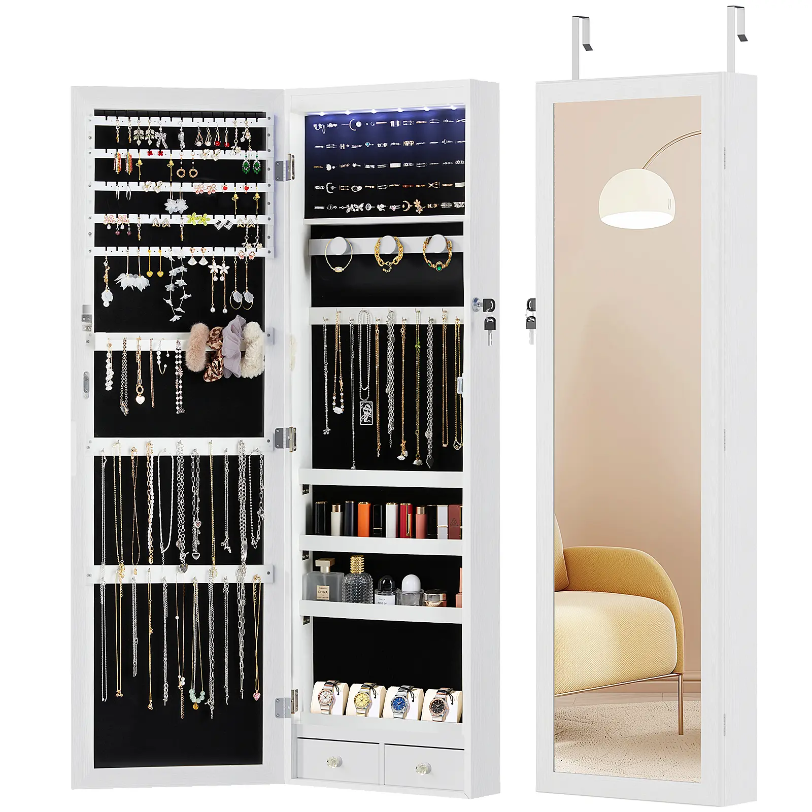 Full-Length Mirror Jewelry Cabinet, Wall or Door Mount, Organizer Armoire with Built-in Makeup Mirror, Lockable Storage Full-Length Mirror Jewelry Cabinet, Wall or Door Mount, Organizer Armoire with Built-in Makeup Mirror, Lockable Storage