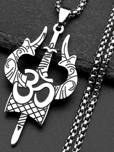 Stainless Steel Hinduism Yoga Shiva Trishula Om Symbol Pendant Necklace Women Men Silver Color Buddhism Hindu Cuban Link Design Chain
