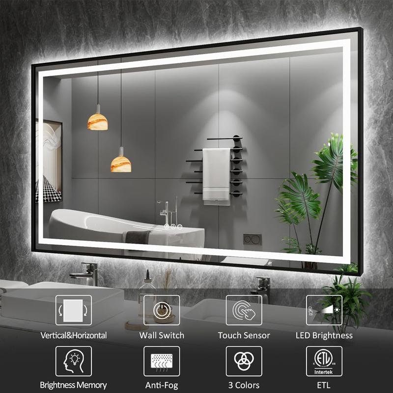 GLITGATE 60"x28" Bathroom Mirror with Lights With Black Framed, Vanity Mirrorr With Front & Back Lights, Stepless Dimmable, Anti-Fog, Shatter-Proof Memory Functin, Double LED Vanity Mirror with Matte and Tempered Glass