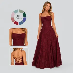 Burgundy Floral Lace Maxi Bridesmaid Dress Spaghetti Strap Cowl Neck Lace-Up Open Back Flowy Formal Gown Long Evening Wedding Guest Prom Dress Available In 17+ Colors For Women Wedding Party Cocktail Gala