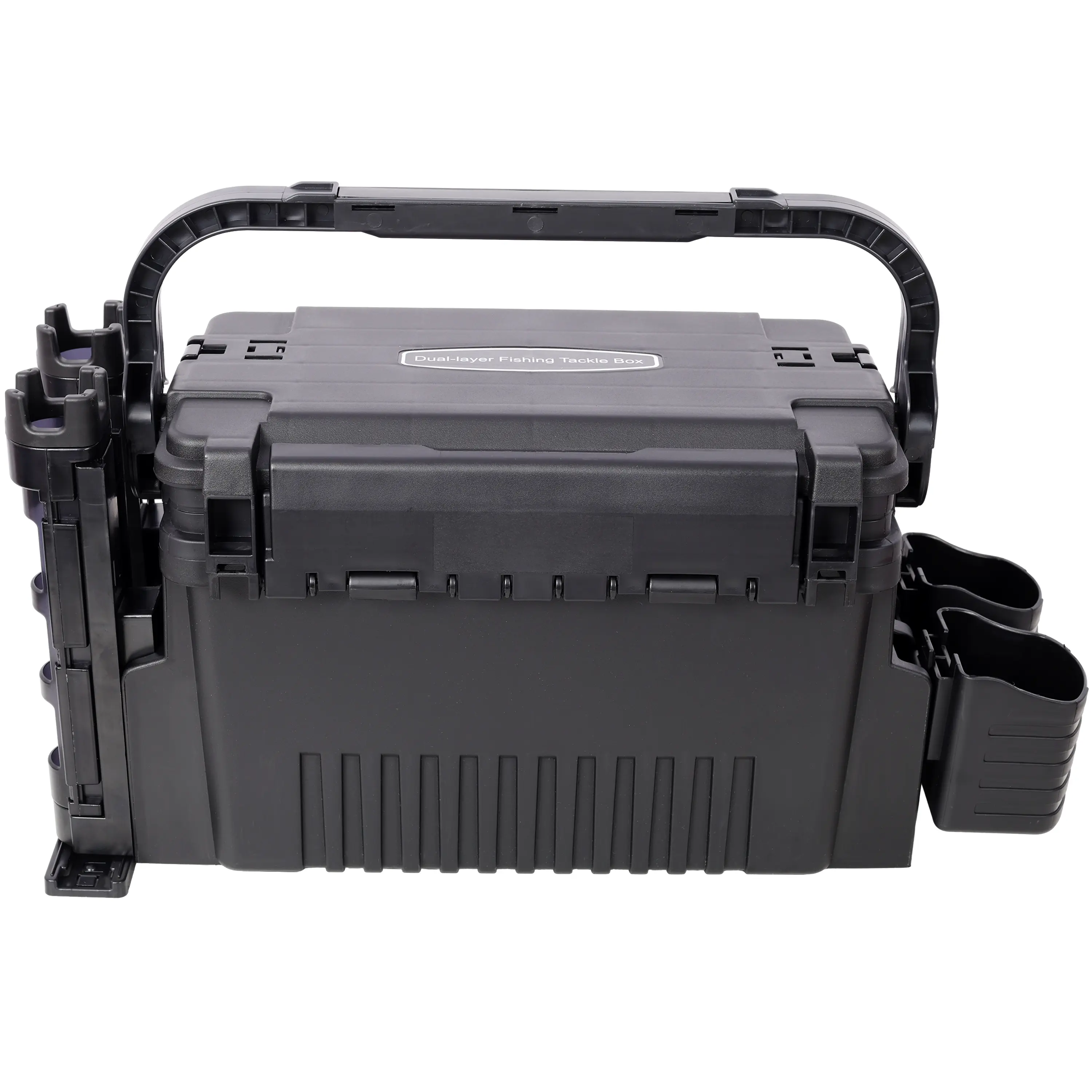 Plastic Dual-Layer Fishing Tackle Box – 11L Fishing Equipment Storage Organizer with 2 Rod Holders, 2 Cup Holders, Carrying Strap, Durable Portable Compact Black Case for Anglers, Fishing Gear Box, Outdoor Fishing Supplies