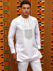 Men's Kaftan African Style Long Sleeve Embroidered Shirt and Casual Pants Set, Muslim Traditional Clothing for Festivals and Weddings