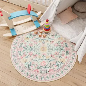 Round Carpet for Living Room & Bedroom, Vintage European Style Soft Plush Rug, Pet-Friendly, Non-Slip, Indoor Use