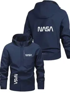 Men's Lightweight Polyester Fashion Hooded Jacket, Nasa Letter Print, Front Zipper, Casual Outdoor Spring Fall Summer Coat