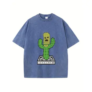 Men's Twisted Cactus Graphic Tee - 100% , Casual Streetwear T-Shirt with Round Neck, Machine Washable - Perfect for Summer