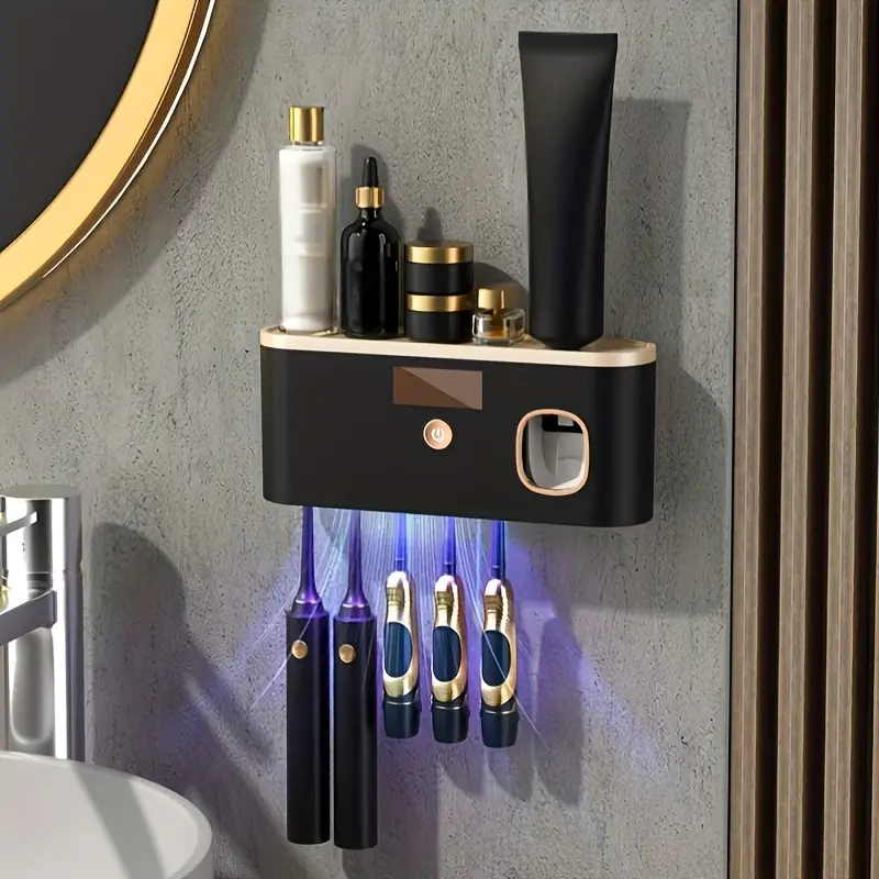 1pc Smart Toothbrush Storage Rack with Automatic Toothpaste Dispenser - Wall Mount, 5-Slot, USB-Rechargeable Lithium Battery, Durable ABS Plastic, Bathroom Home Organization Decor