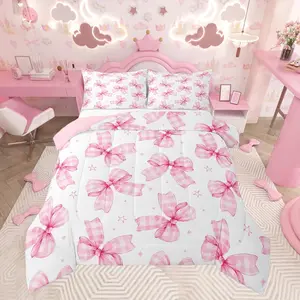 Cute Bowknot Comforter Set Plaid Bow Bedding Set Pink Girls Bow Comforter Kawaii Duvet Lovely Quilt
