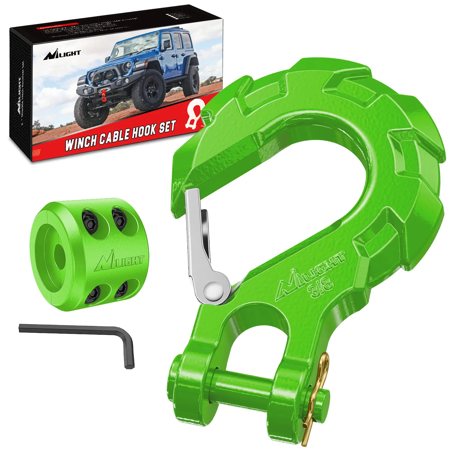 Nilight Forged Steel Winch Strap Hook - 3/8" Grade 70 Spring Loaded Safety Latch, Clevis Slip Hook Set with Stopper & Allen Wrench, 35,000 lbs Max for Off-Roading Secure Tow, Marine Rope Static Climbing Rope Hand Woven Rope