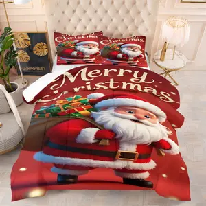 Christmas Themed Cartoon Quilt/Comforter Set (2/3 Pcs): Includes 1 Quilt + 1/2 Pillowcases (No Filler), Like Santa Delivering Gifts, Reindeer Pulling Sleigh, Snowman Interacting, Kids' Rooms, Holiday - Themed Guesthouses, Christmas Bedrooms, Cute Houses