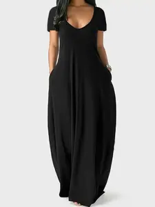 Women's Summer Dresses, Casual Beach Vacation Basic Sundress, Short Sleeve Deep V Neck, Sexy Design with Pocket, Perfect for Warm Weather