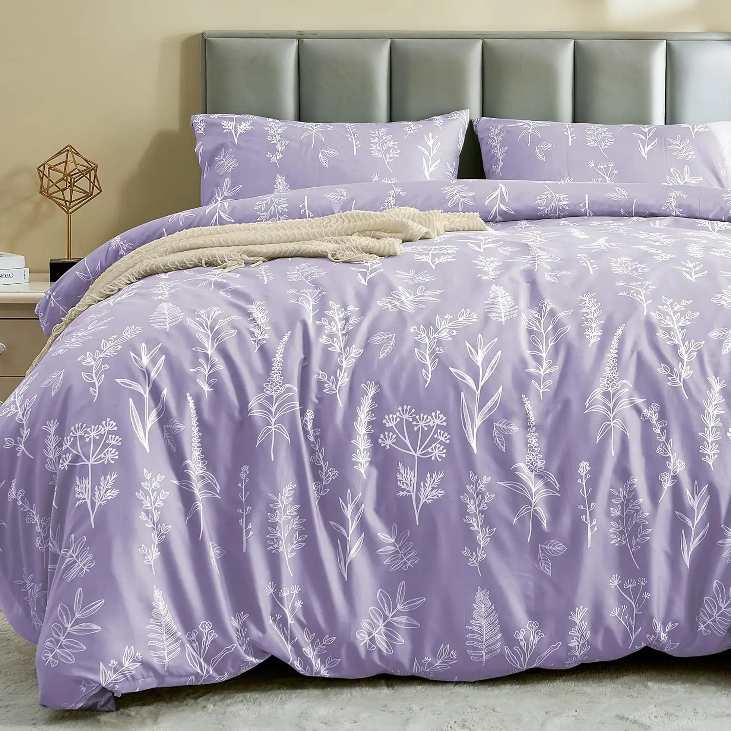 JOLLYVOGUE Duvet Cover Queen Size, Reversible Floral Lavender Duvet Cover Set with Zipper Closure, 3 Pieces Botanical Patterns Soft Microfiber Bedding Set with 4 Ties (90"x90", 2 Pillow Cases) Comfy Bed Sets