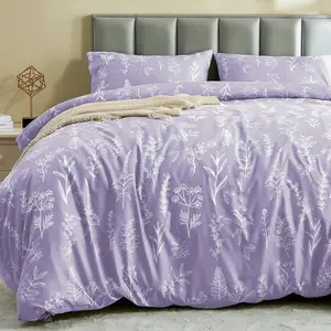 JOLLYVOGUE Duvet Cover Queen Size, Reversible Floral Lavender Duvet Cover Set with Zipper Closure, 3 Pieces Botanical Patterns Soft Microfiber Bedding Set with 4 Ties (90"x90", 2 Pillow Cases)