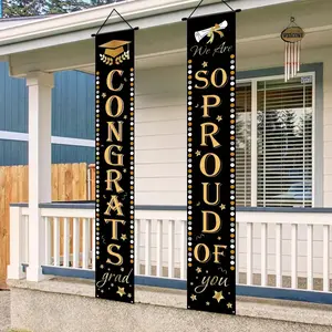 2DFlat 2 pieces of black gold and gold diamond style graduation couplet banners, with bachelor's cap and graduation certificate elements, suitable for graduation celebrations and campus graduation season event decorations, and can be used as decoration