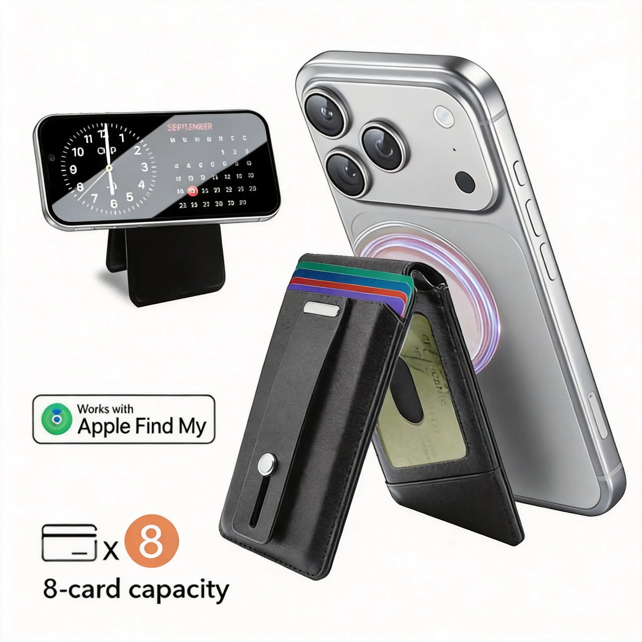 MagSafe Wallet Work with Apple Find My Functionality, 8 Cards Holder, Slim Phone Wallet, Strong Magnet with Multi-Angle Stand, RFID Shielding Vegan Leather