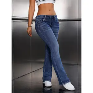 Women's Low-Rise Flare Jeans, Slim Fit Stretch Denim Bell Bottoms - Opaque Contouring Design for Year-Round Street Style Womenswear Streetwear leg jean casual athletic sweatpants