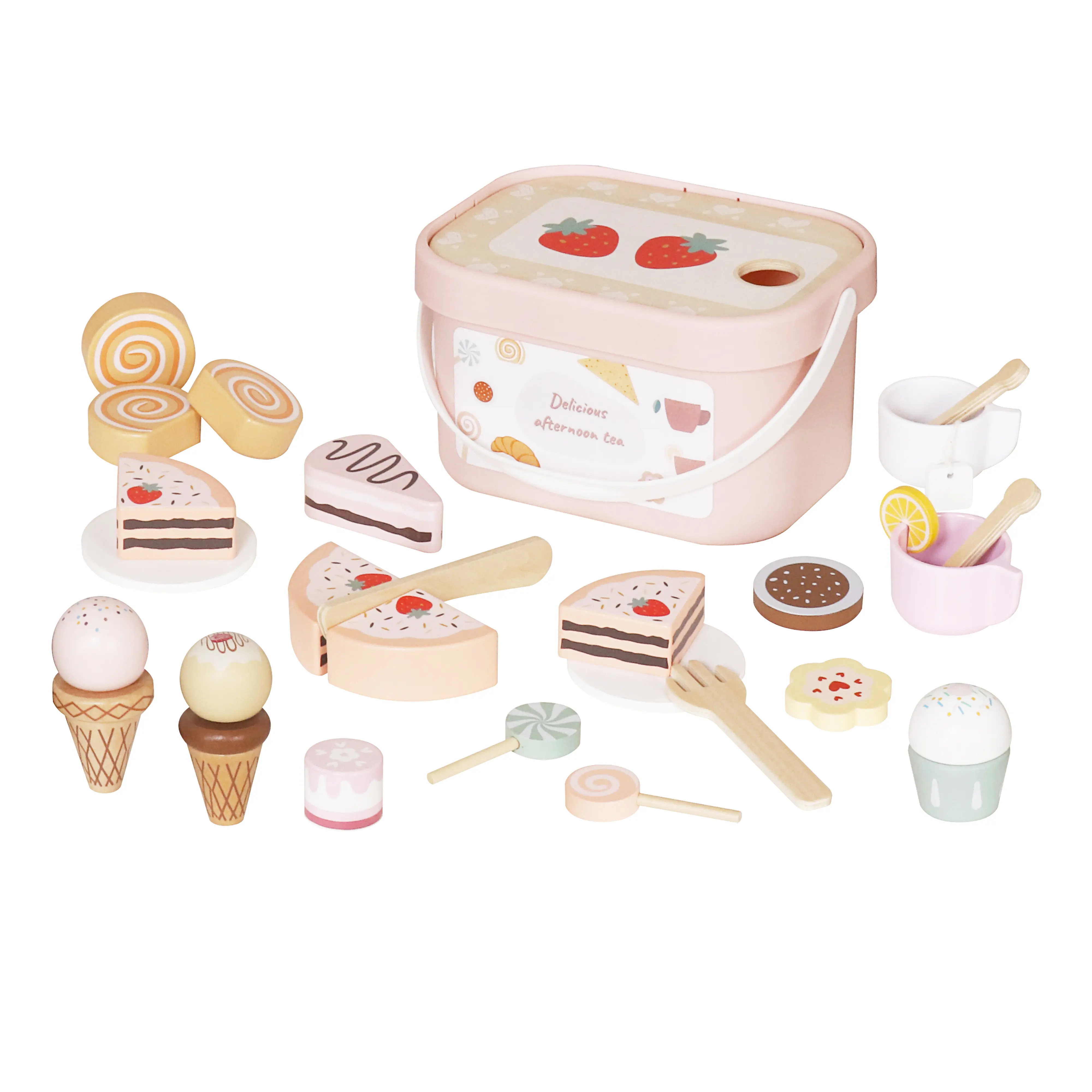 Wooden Afternoon Tea Set for Kids, Pretend Play Dessert Tea Party Toy with Cakes, Cookies, Ice Cream, Tea Cups & Sweet Treat Accessories, Montessori Wooden Role Play Set, Educational Play Food Toy Gift for Toddlers Girls Boys 3+ Play Food Sets Miniature S