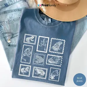 Comfort Colors Retro Frogs TShirt, Vintage Stamp T-Shirt, Frog Women Tee, Boho Cottagecore, Vintage Postage Stamp, Tattoo 90s Frog Cotton Fabric - Printfamily