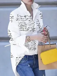 Handwritten Text Print Shirt, Artistic Style, Tie Cuff Sleeves, Women's Office Commute Casual Top, Ladies' Fashion