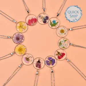Birthday Flowers Necklace for Mom,Dried Real Flowers, Silver Resin Pendant, Birthday/Christmas Gifts