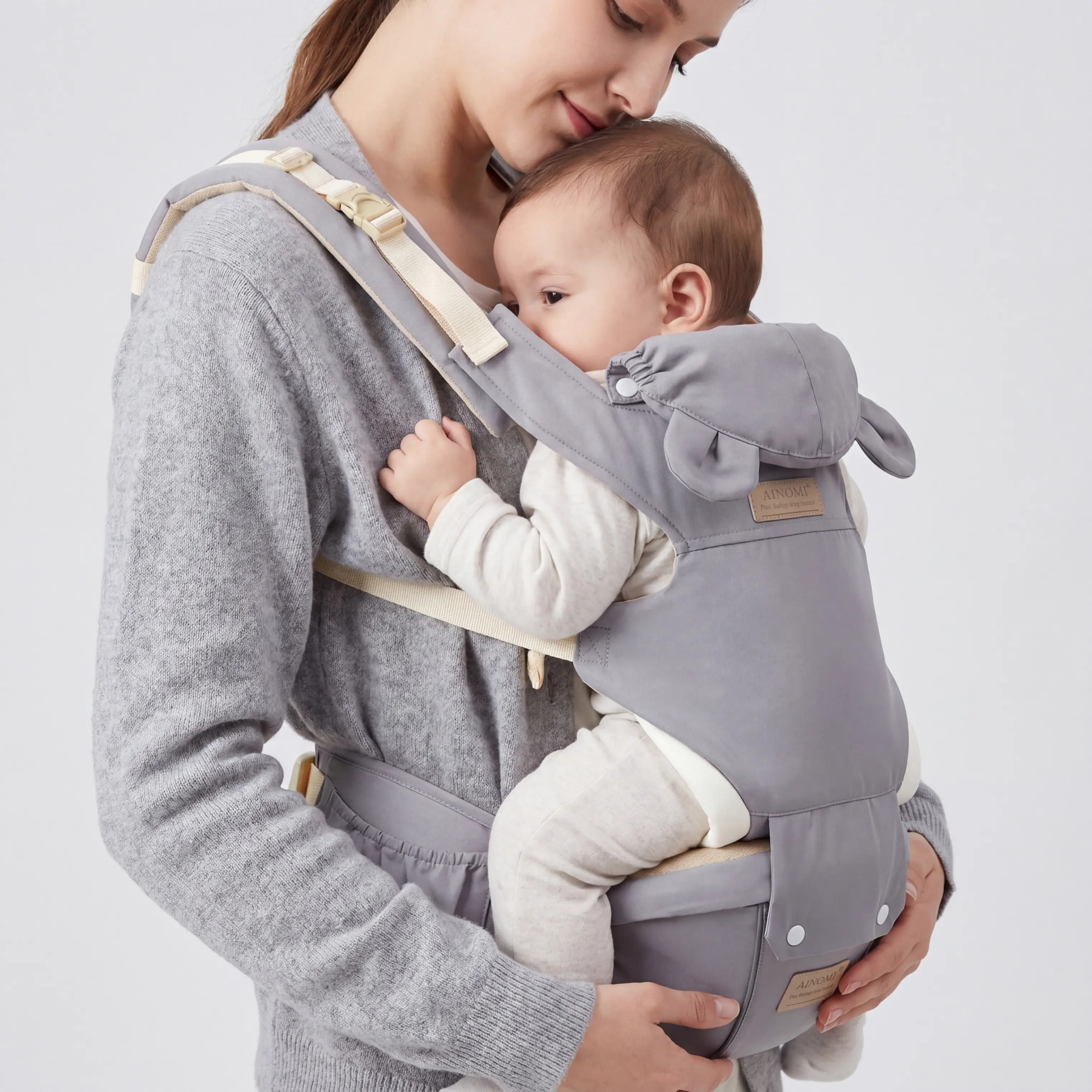 Ergonomic Bear Ear Baby Carrier with Hip Seat - Parent-Friendly Hands-Free, Weight-Balanced, Breathable Infant Sling Backpack, 5-in-1/6-in-1 Multi-Position Adjustable Waistband for Newborn to Toddler Daily Use Baby Essential Gear, Polyester, Portable