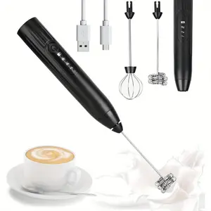 Handheld Electric Milk Frother Black Rechargeable with 2 Stainless Steel Whisks Detachable Design for Coffee Latte Cappuccino Matcha Hot Chocolate Espresso Tools Bakeware Kitchen Handmade
