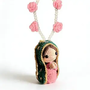 Handmade Virgin Mary Car Charm Crochet Mother Mary Car Hanging Ornament Religious Blessings Car Rosary Decor for Women Men