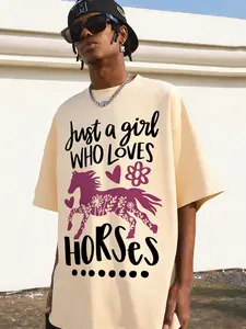 100% Cotton Casual Horse Floral Print T-Shirt, Short Sleeve Loose-Fitting Top, No Zipper, No Collar, Letter Pattern