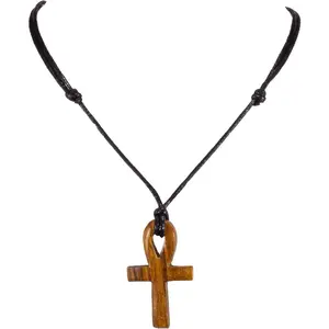 Hand Carved  Ankh  Pendant  Adjustable Black Rope Cord Necklace