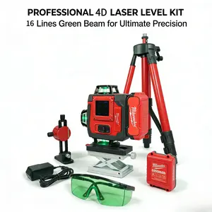 Milwaukee 4D 16-line self-leveling laser level kit features a 6000mAh lithium battery, a 520nm LD green light beam, and an IP54 waterproof rating. Suitable for professional construction. Includes accessories, one battery, and one charg