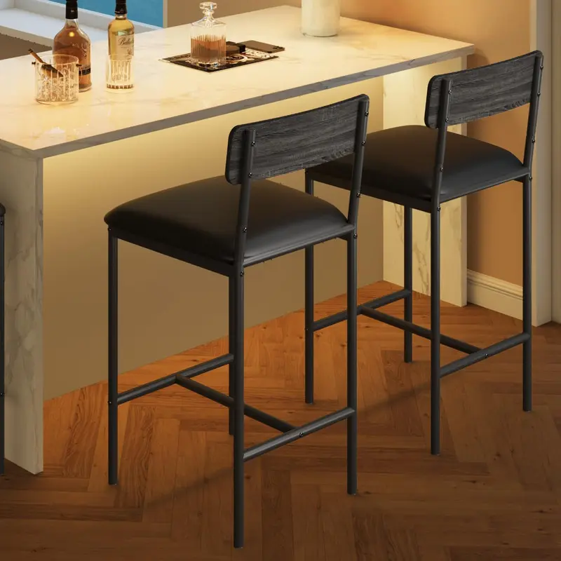 Grey 2-Piece Counter Height Stools - 25.5-Inch Single-Seat Upholstered Rustic Barstools with Padded Seats, Backs, Footrests, Narrow Legs, MDF Board, Sturdy Durable Easy-Assembly Low-Profile Seating for Kitchen Counter, Island