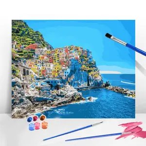 Landscape Seaside House Acrylic Paints By Numbers Kit, 1 Set DIY Painting Supplies with Tools, Drawing on Canvas Wall Decoration