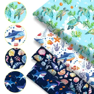 Ocean Series Whale Shark Turtle Print Home Textile Fabric, Handmade Home Decor DIY Material, 4 Pieces, 7.8"x7.8", Elegant Decoration