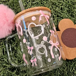 Pearls and Bows 15oz Glass Tumbler with Handle and Bamboo Lid Drink Drinkware Mugs Stylish Glass