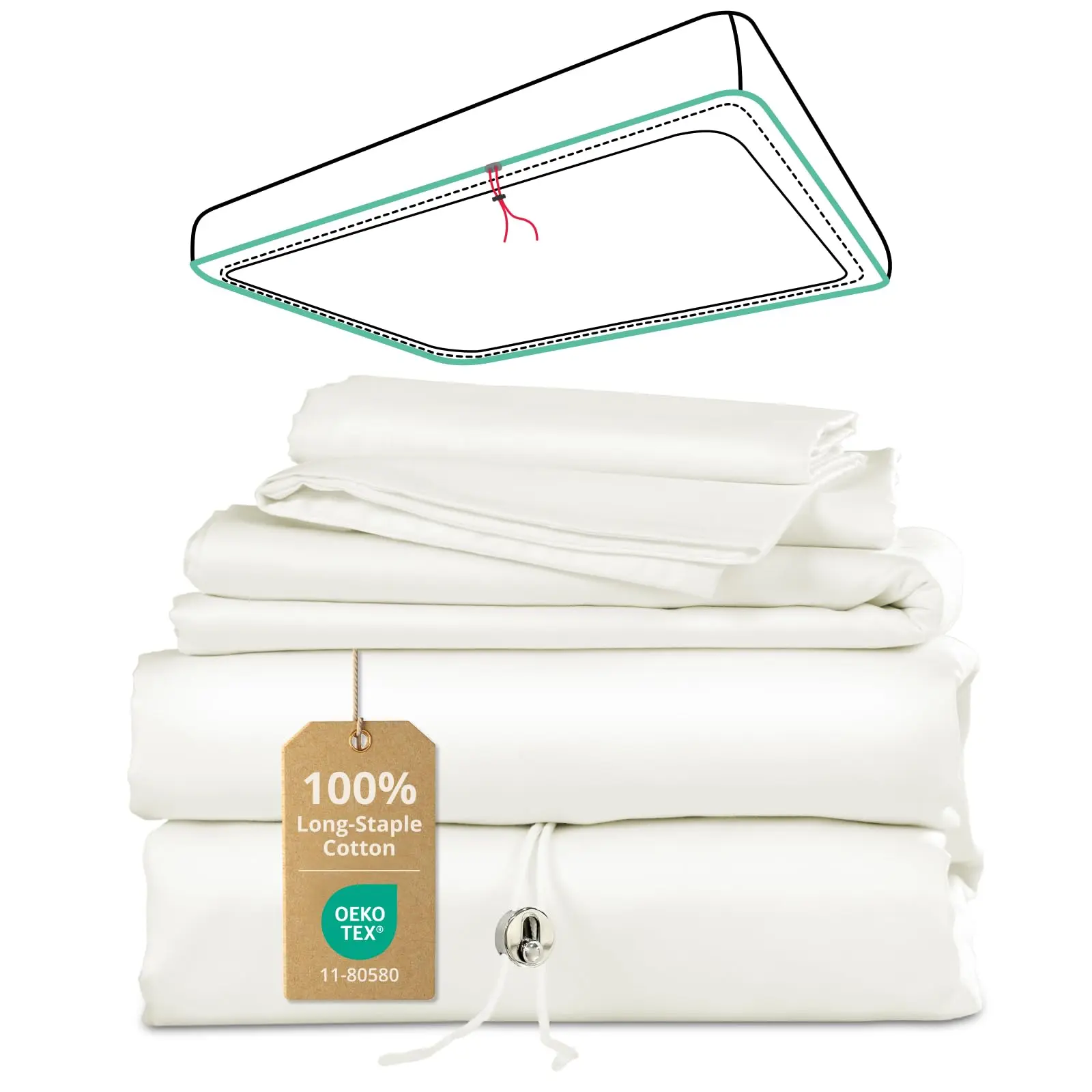 CieloCloud Bed Sheet Set with Drawstring and 360° Elastic, 4PCS 100% Long-Staple Cotton  Sheets Set, Luxury Soft, No Slippage, Anti-Pilling, Deep Pocket Fits 8 to 14" Mattress