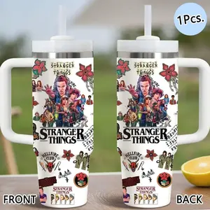 Classic Tv Stranger Things Vacuum 40oz Stainless Steel Thermal Tumbler with Handle & Straw, Hydration Tumbler, Insulated Drinkware, Vacuum Insulated Cup Keeps Drinks Cold Up to 12 Hours, Leak-Resistant for Iced Coffee, Water, Office, Gym or Travel