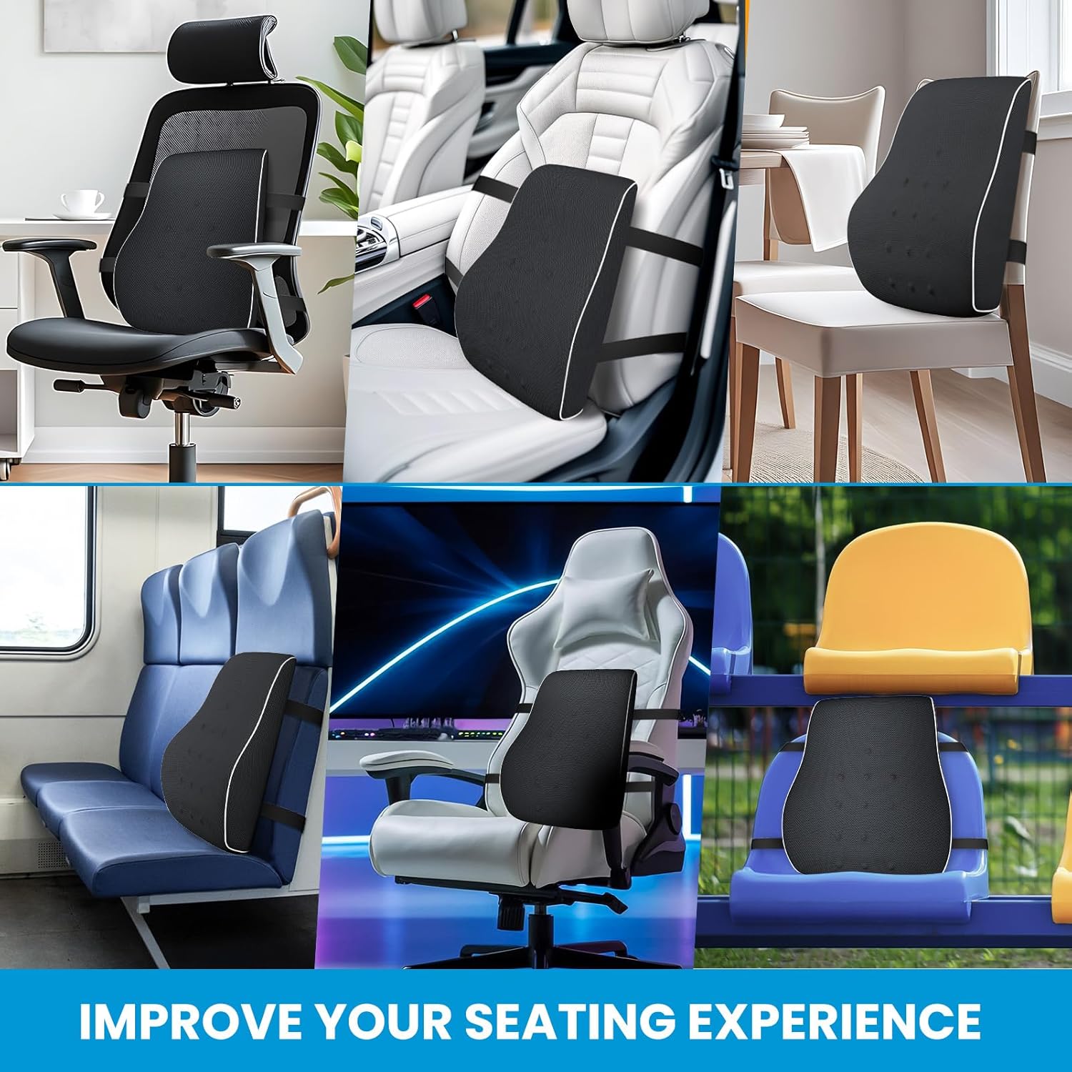 Contoured Shape Ergonomic Memory Foam Lumbar Support Cushion with Machine-Washable Mesh Cover - Durable, Spine-Aligning, Pressure-Relieving, Posture-Correcting, Stay-Put Straps for Car Seat, Office Chair - Ideal for Dads, Seniors, Mid Back Pain Relief, Gi