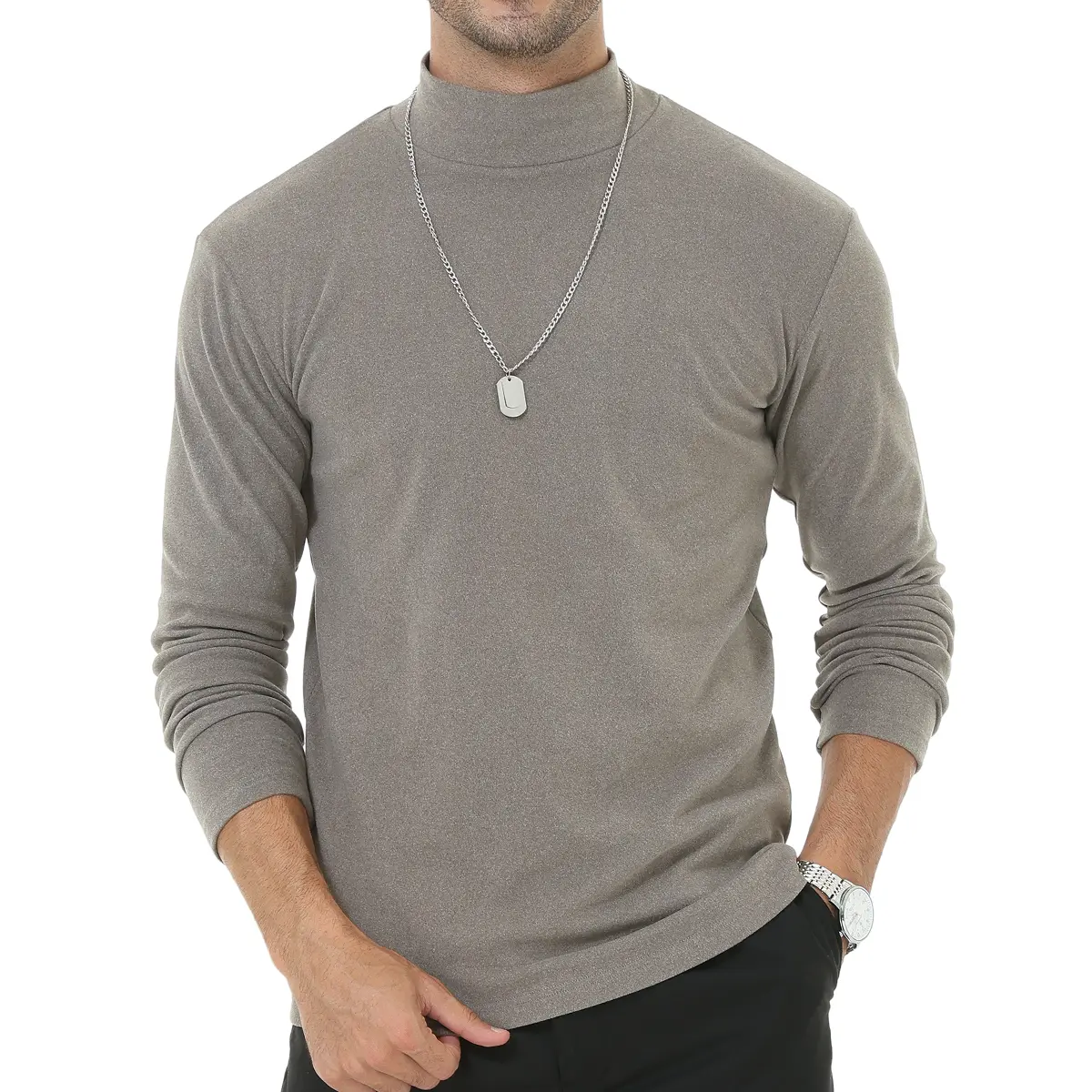 Men's Plain Knit Mock Neck Long Sleeve Undershirt - Basic Casual Sweater Pullover Menswear Top, Longsleeves