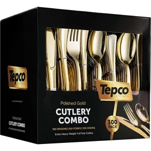 300 Gold Disposable Plastic Flatware Set 100 Forks 100 Spoons 100 Knives Heavy Duty Silverware for Party Bulk