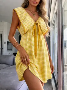 Vibrant Yellow Gingham Tie-Front Mini Dress | Sleeveless A-Line Summer Dress French Retro Yellow Gingham Dress | Vintage Tie-Front Sleeveless Mini Dress Relaxed Yellow Gingham Beach Dress | Swimsuit Cover-Up Tie-Front Mini Dress