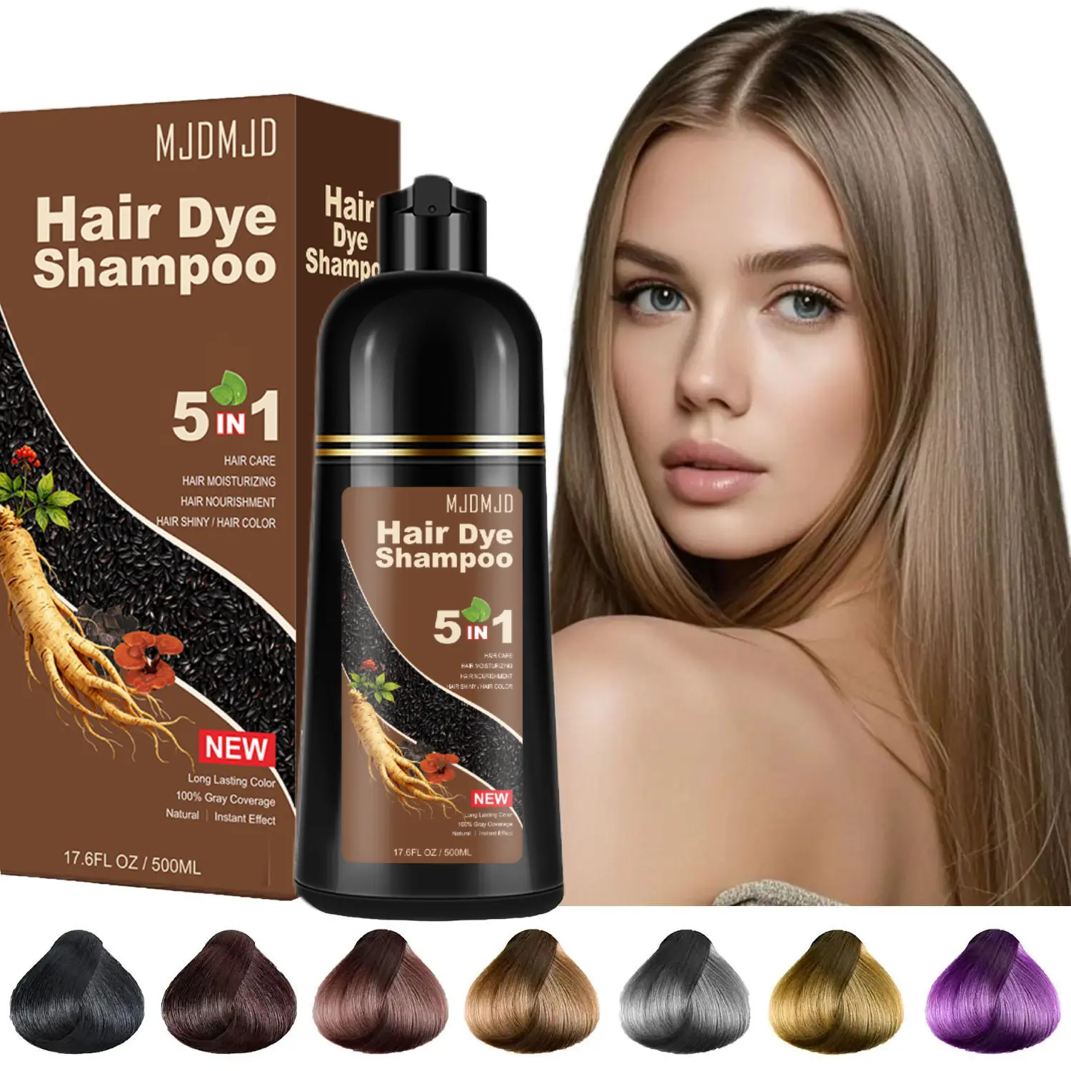 5-in-1 Hair Dye Shampoo Light Brown, Natural Hair Color Shampoo for Gray Hair, Hair Instant Dye Shampoo for Women & Men, Long-Lasting Shampoo Hair Dye Colors Hair in Minutes, Champu Para Canas, 500 Ml Haircare with Natural Ingredients