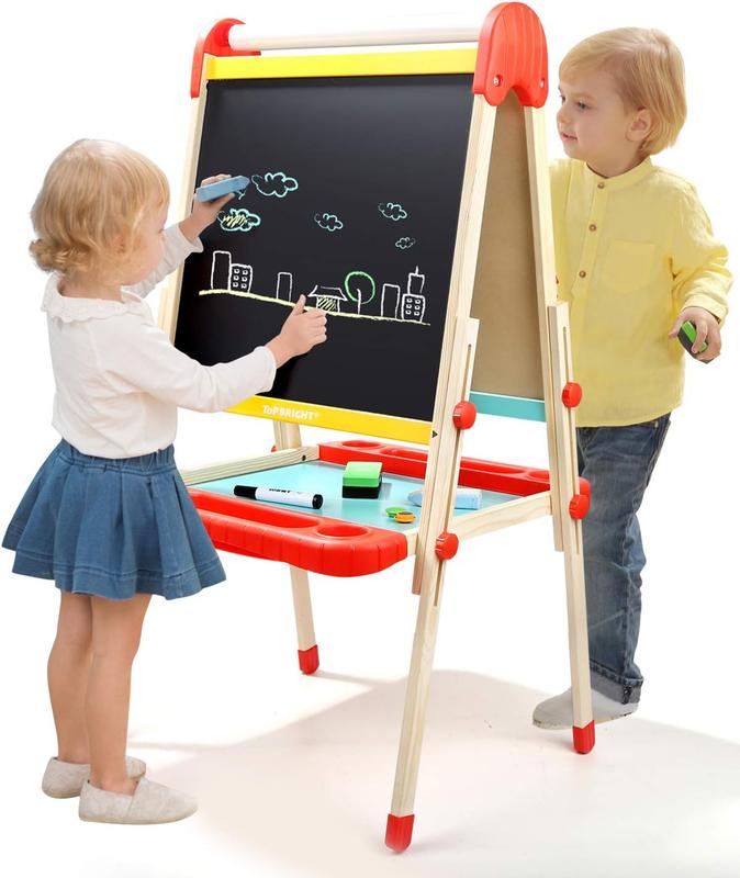 TOP BRIGHT Wooden Art Easel for Kids, Toddler Easel Adjustable with Painting Whiteboard, Child Easel with Magnetic Blackboard