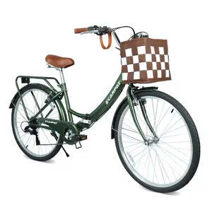 ECARPAI 26" Folding City Bike 7-Speed Twist Shifter Steel Frame with Detachable Basket Cup Holder Rear Rack V-Brakes Alloy Rims Urban Commuter Bicycle for Men Women