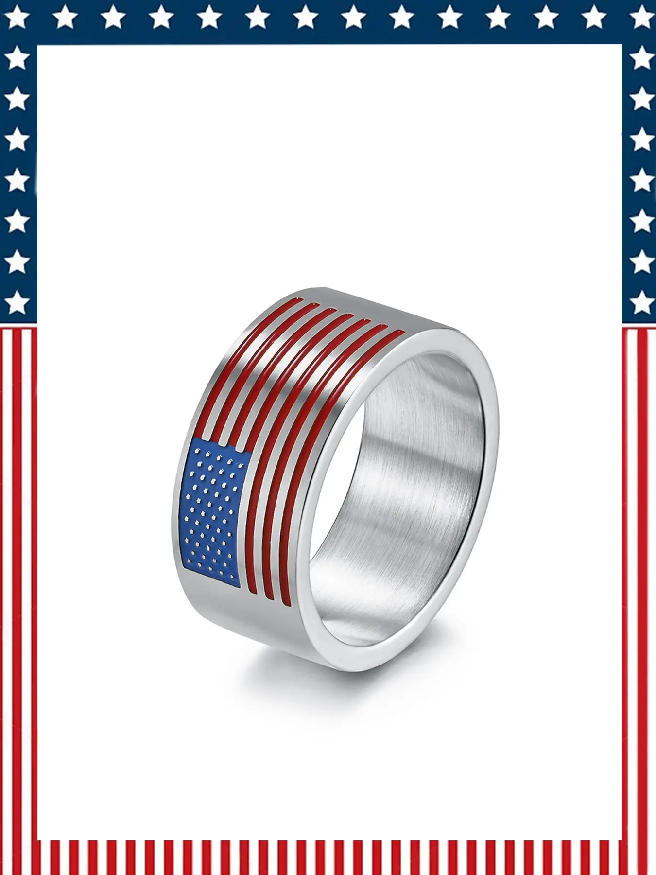 American Flag Pattern 10mm Wide Ring, Silver Color and, Patriotic Military Veteran Ring, Unisex, July 4th Memorial Gift