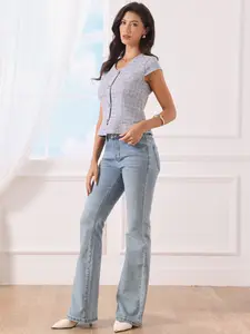 INSPIRE CHIC Tweed Peplum Tops Women's Button Decor Cap Sleeve Plaid Blouse