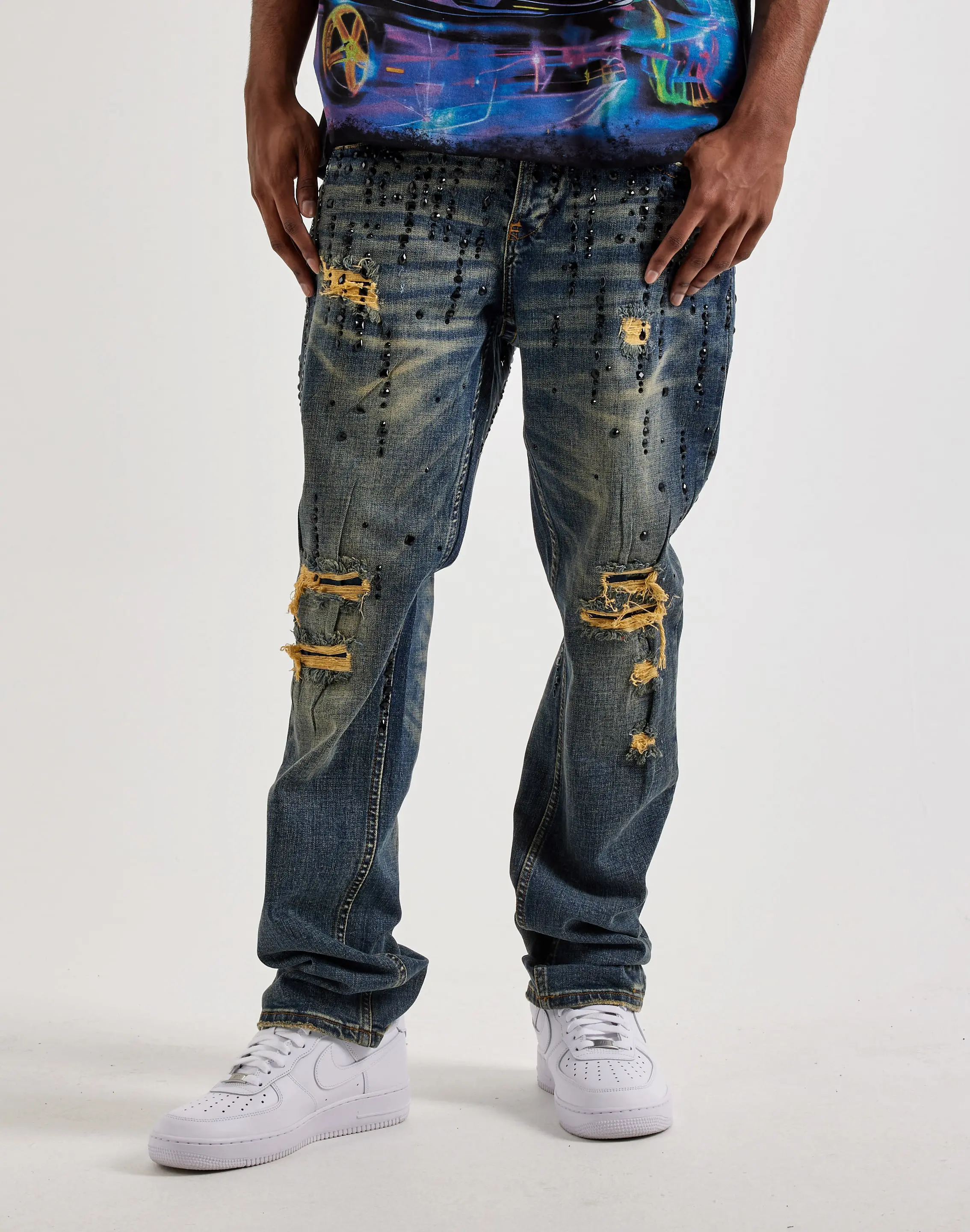 Mens Smuggler's Moon Rhinestone Slim Distressed Denim Jeans