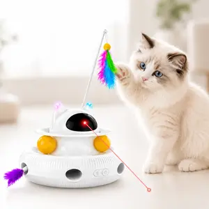 5-in-1 Interactive Cat Toy for Indoor Cats, Indoor Cat Enrichment Toy for Bored Cats, Laser Pointer, Feather Teaser, Pop Up Feather, Track Balls, Light Up Dome
