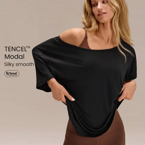 GLOWMODE Modal Silky Smooth Asymmetrical Hem Off-Shoulder 3/4 Sleeve Active Tee T-Shirt Daily Casual Wear