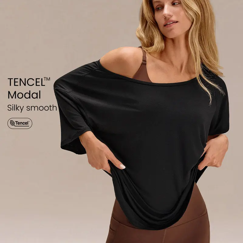 GLOWMODE Modal Silky Smooth Asymmetrical Hem Off-Shoulder 3/4 Sleeve Active Tee T-Shirt Daily Casual Wear
