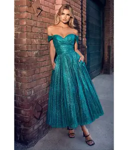 Turquoise Glitter Off The Shoulder Tea Length Dress